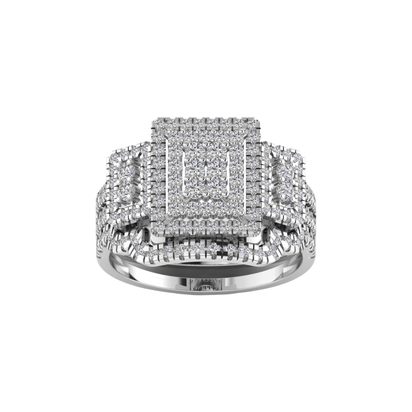 Silver ring with multiple tiers of diamonds on a white background