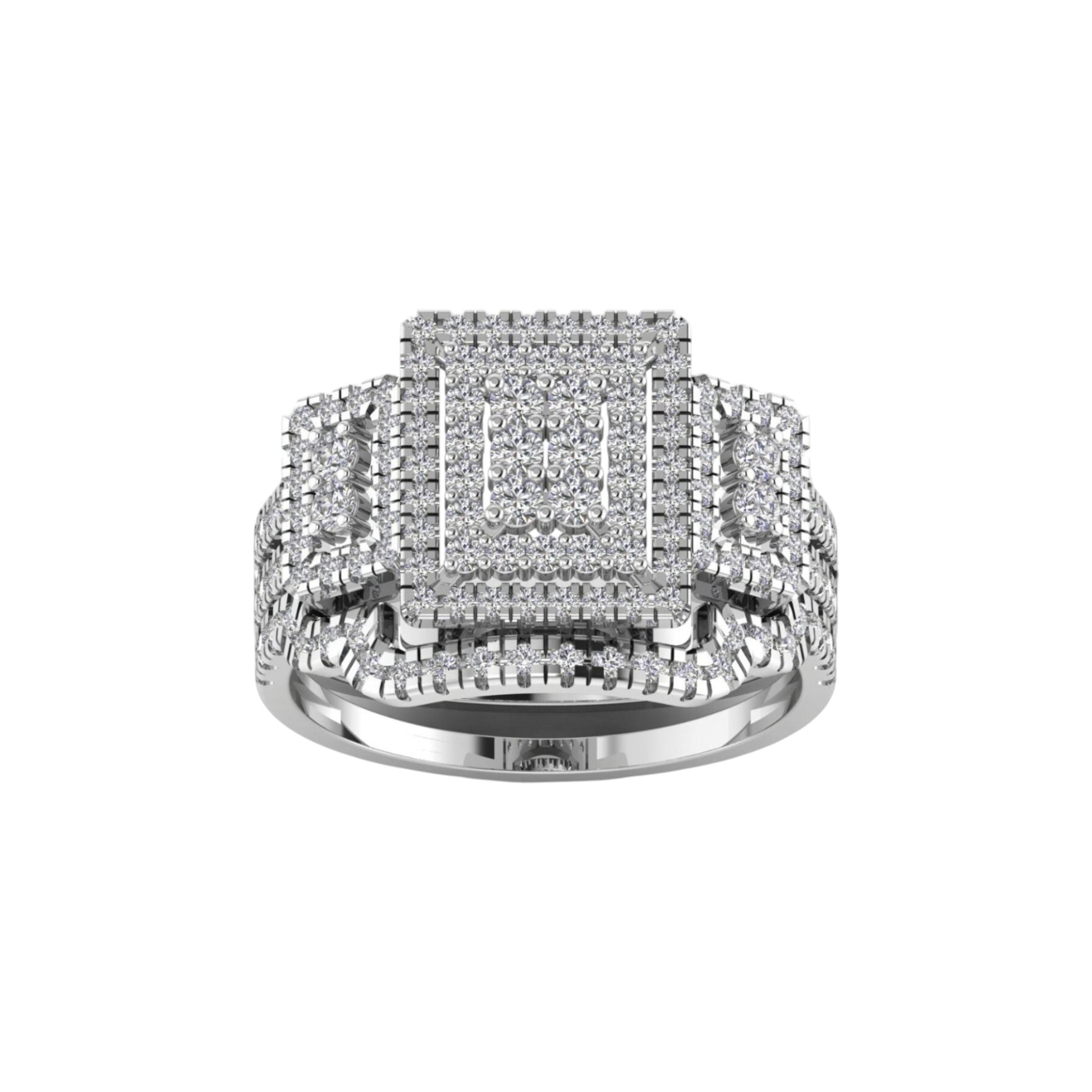 Silver ring with multiple tiers of diamonds on a white background