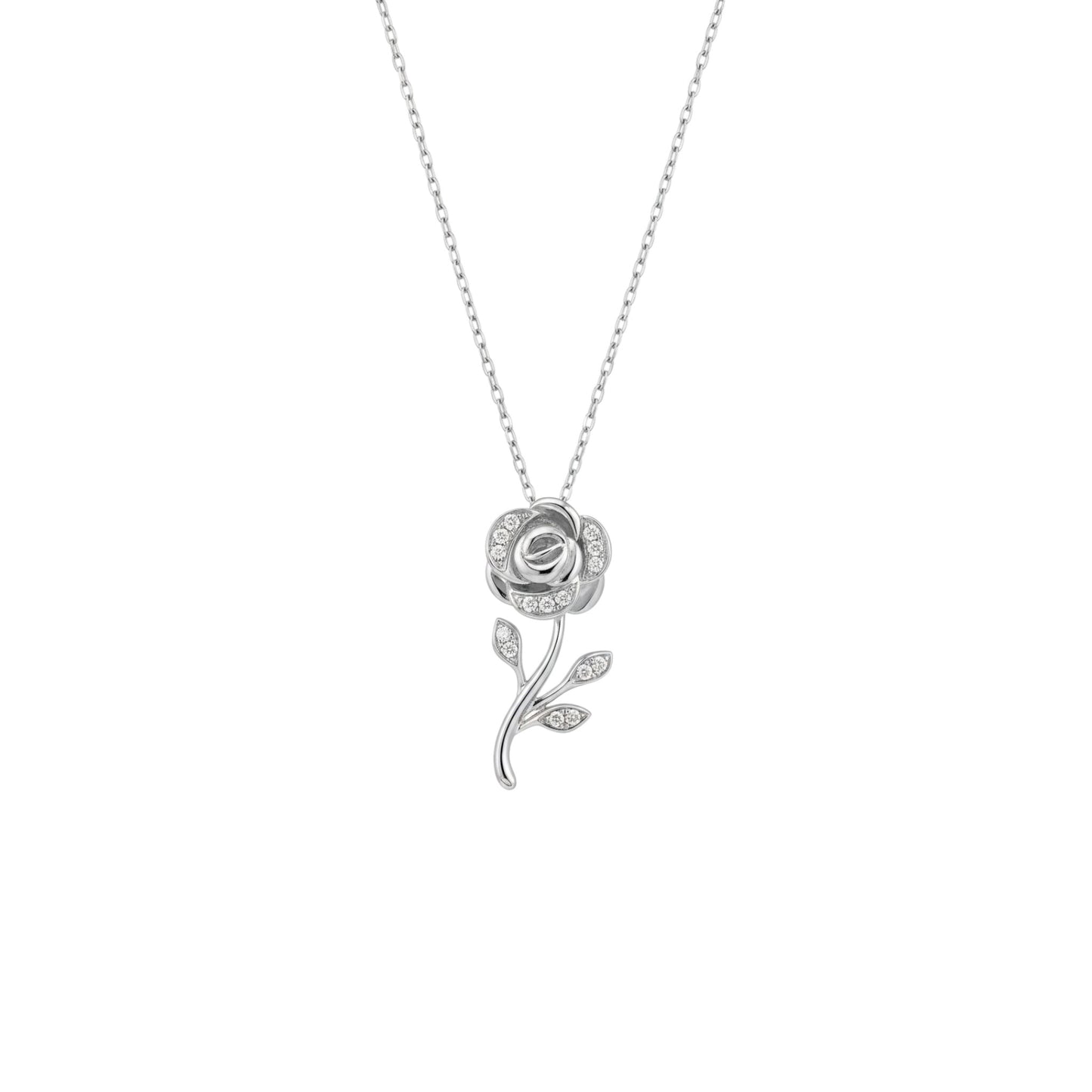 Silver rose-shaped pendant necklace on a white background