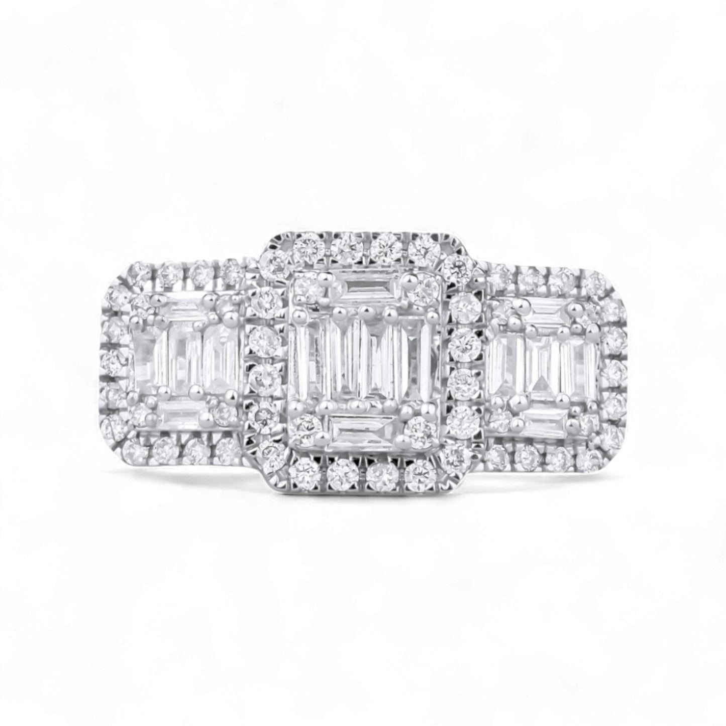 Diamond ring with emerald-cut center stone and halo on a white background