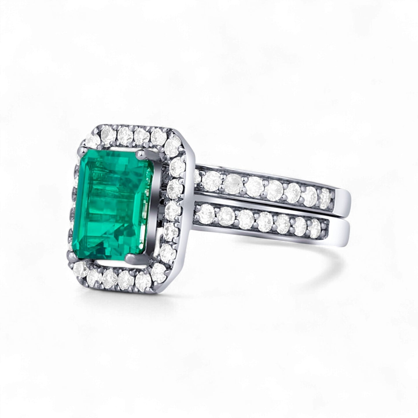 Ruby Love Radiant Cut Natural Diamond Side Stones Bride Set in Platinum