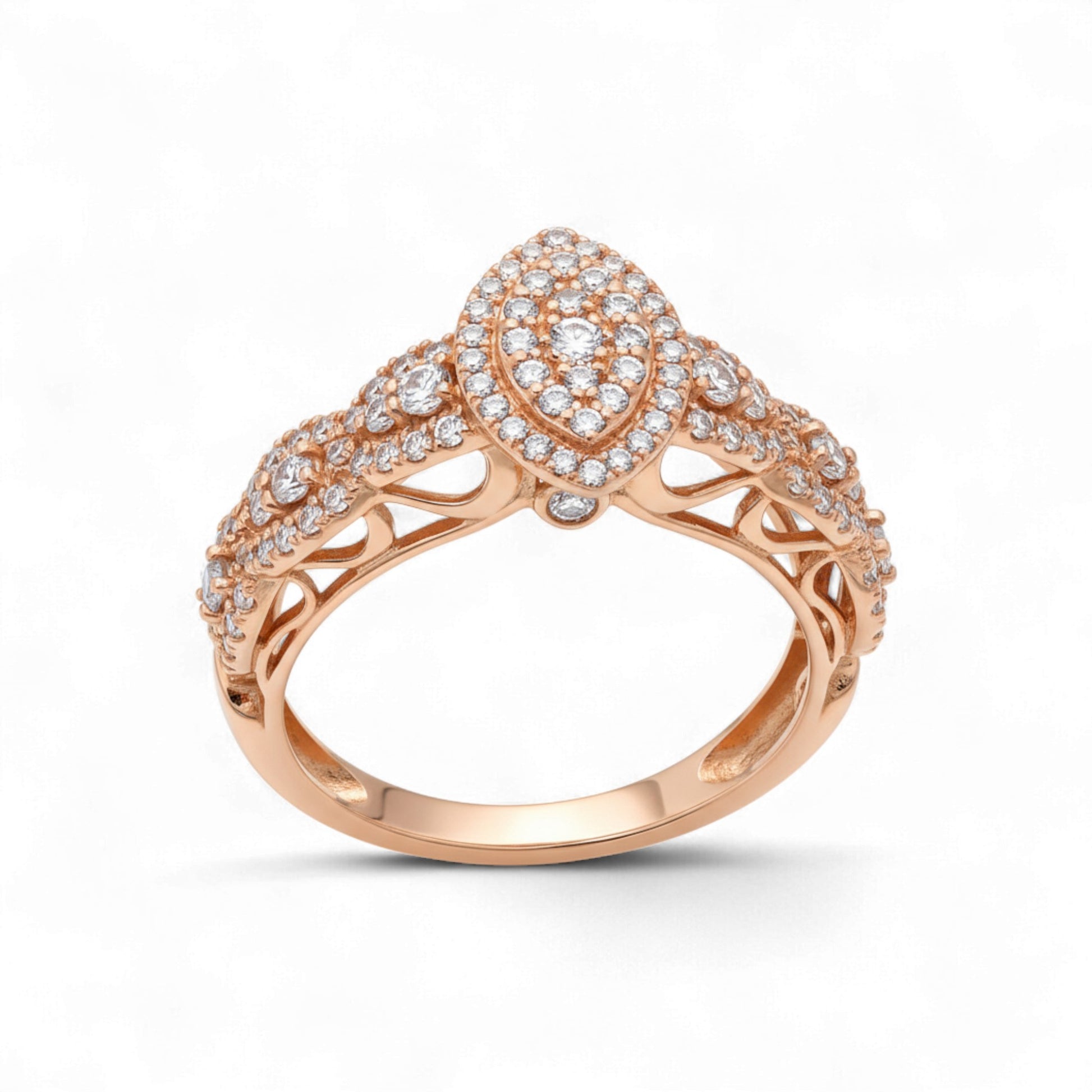 Rose gold ring with diamond accents on a white background