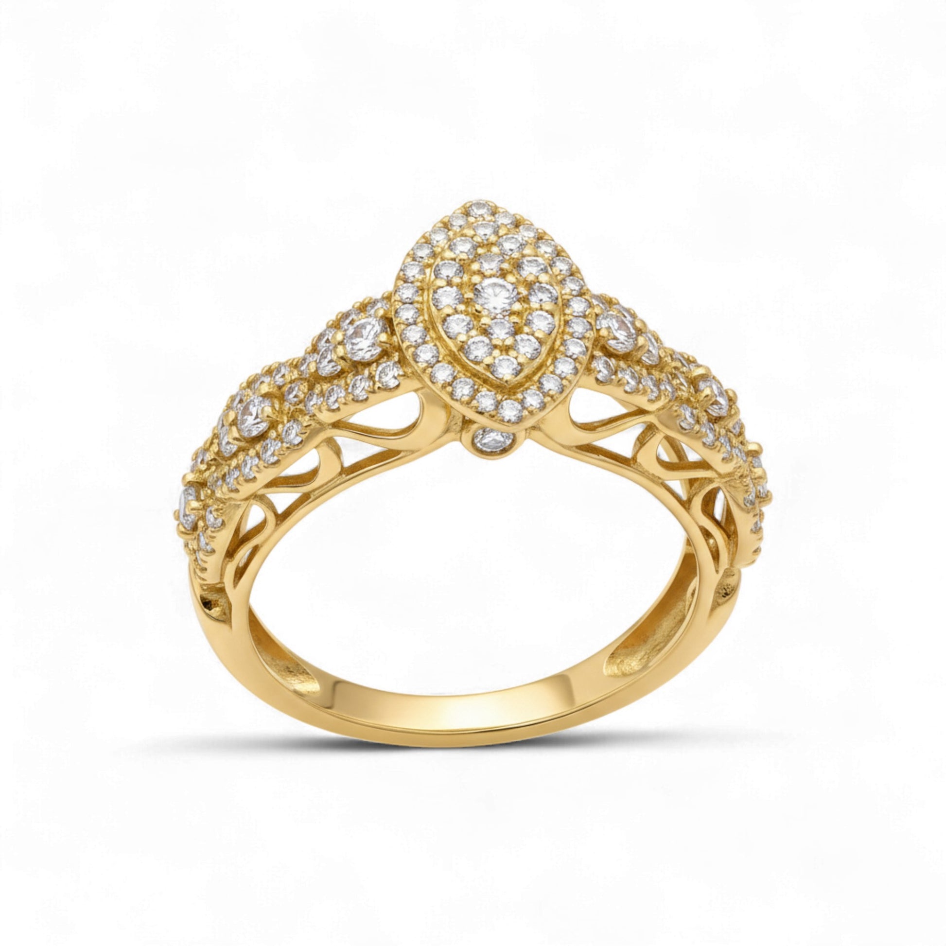 Gold ring with diamond accents on a white background
