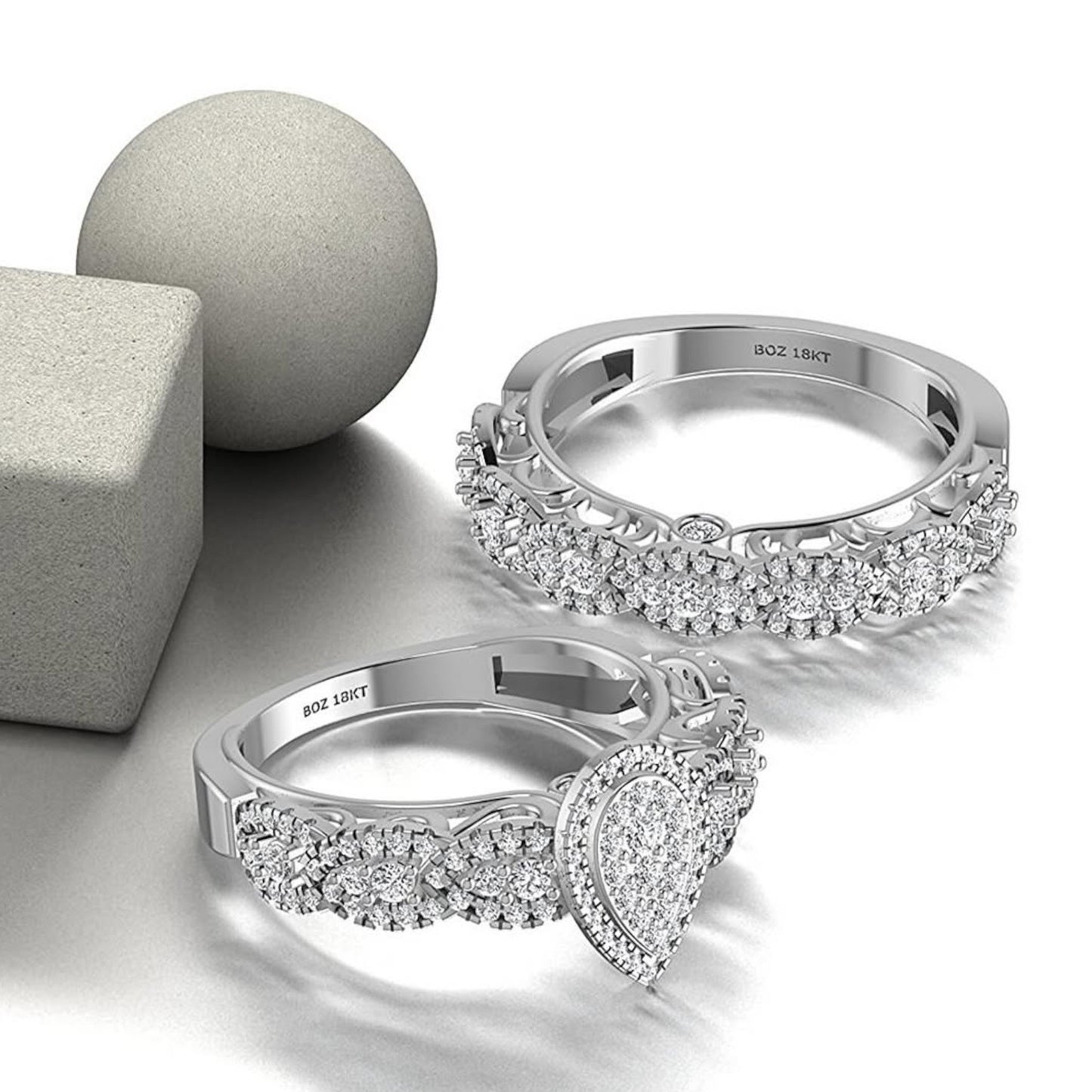 Ruby Pear Cut Diamond Cluster Bride Set in 18KT Gold