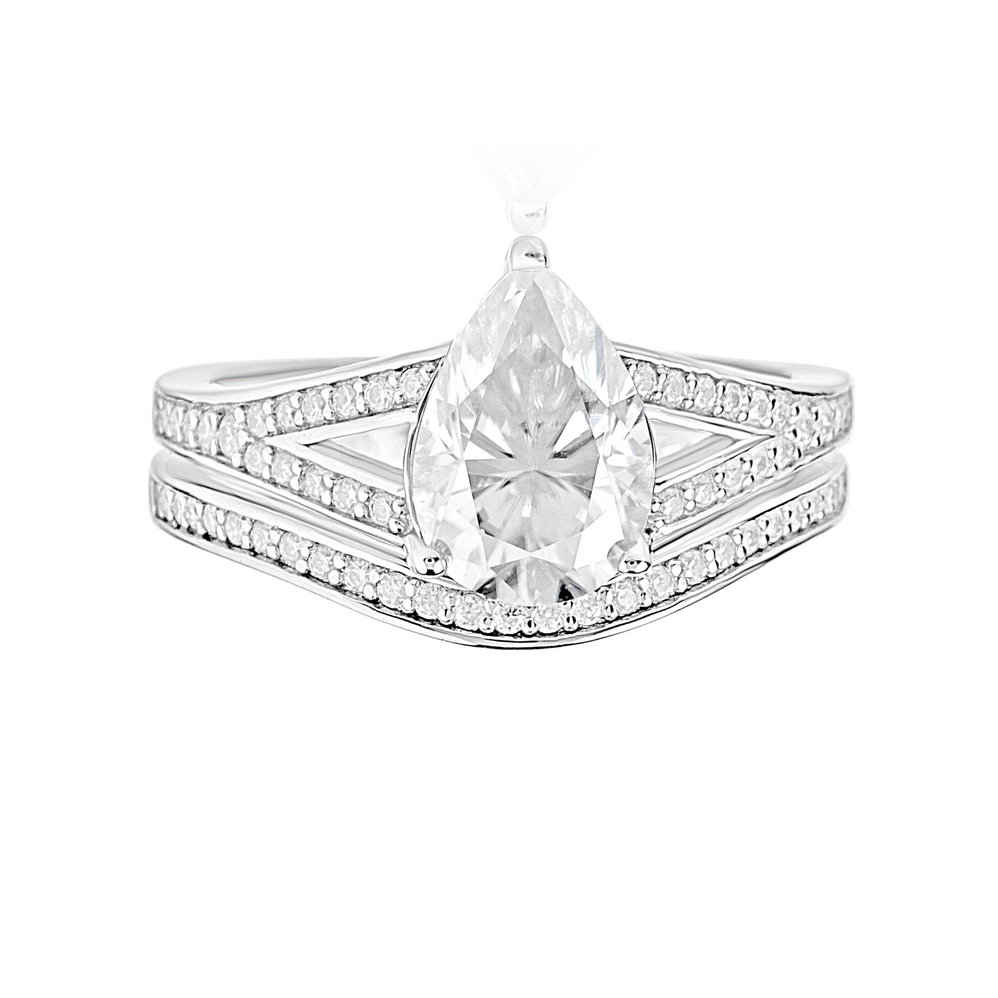 Diamond ring with pear-shaped center stone on a white background