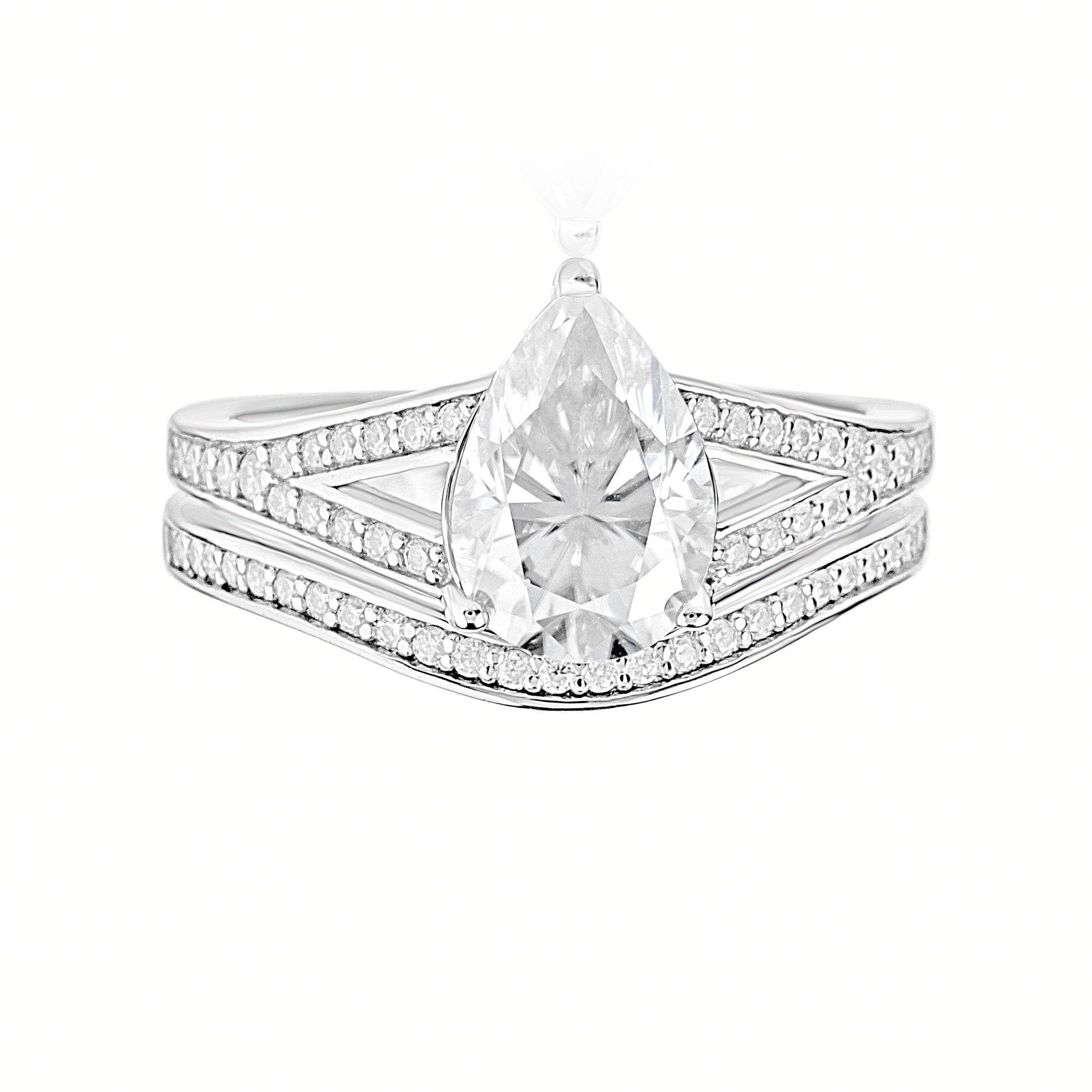 Diamond ring with pear-shaped center stone on a white background