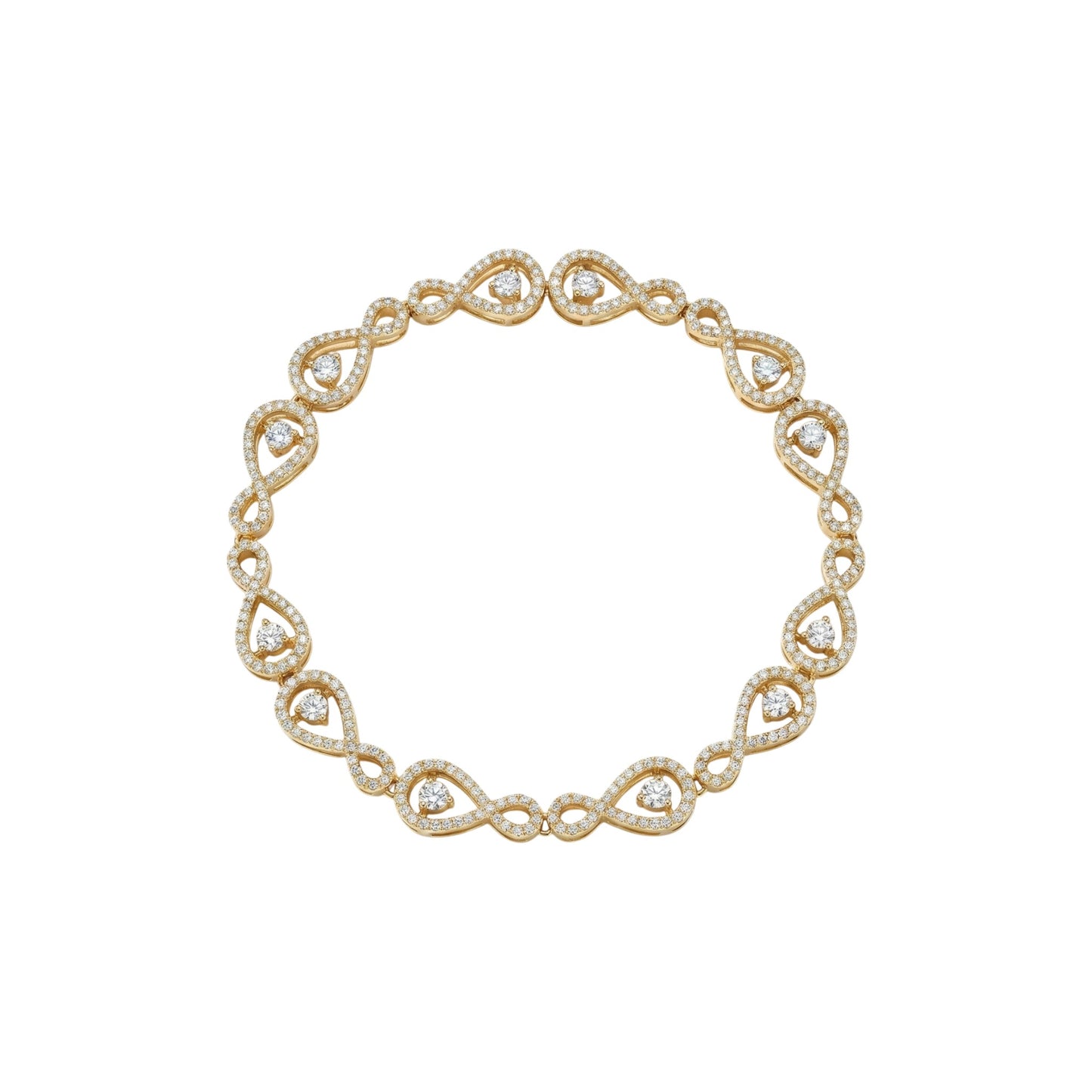 Gold bracelet with heart-shaped gemstones on a white background