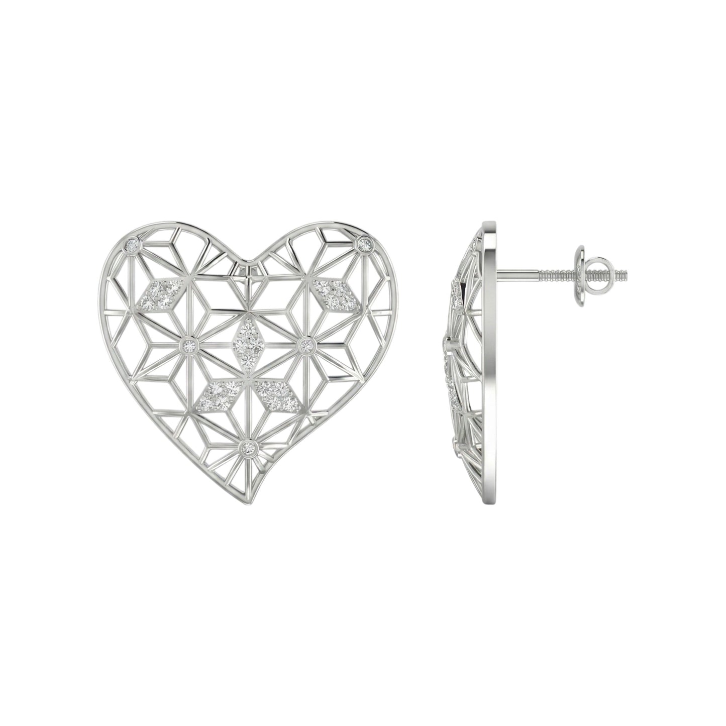 Silver heart-shaped earrings with geometric design on a white background