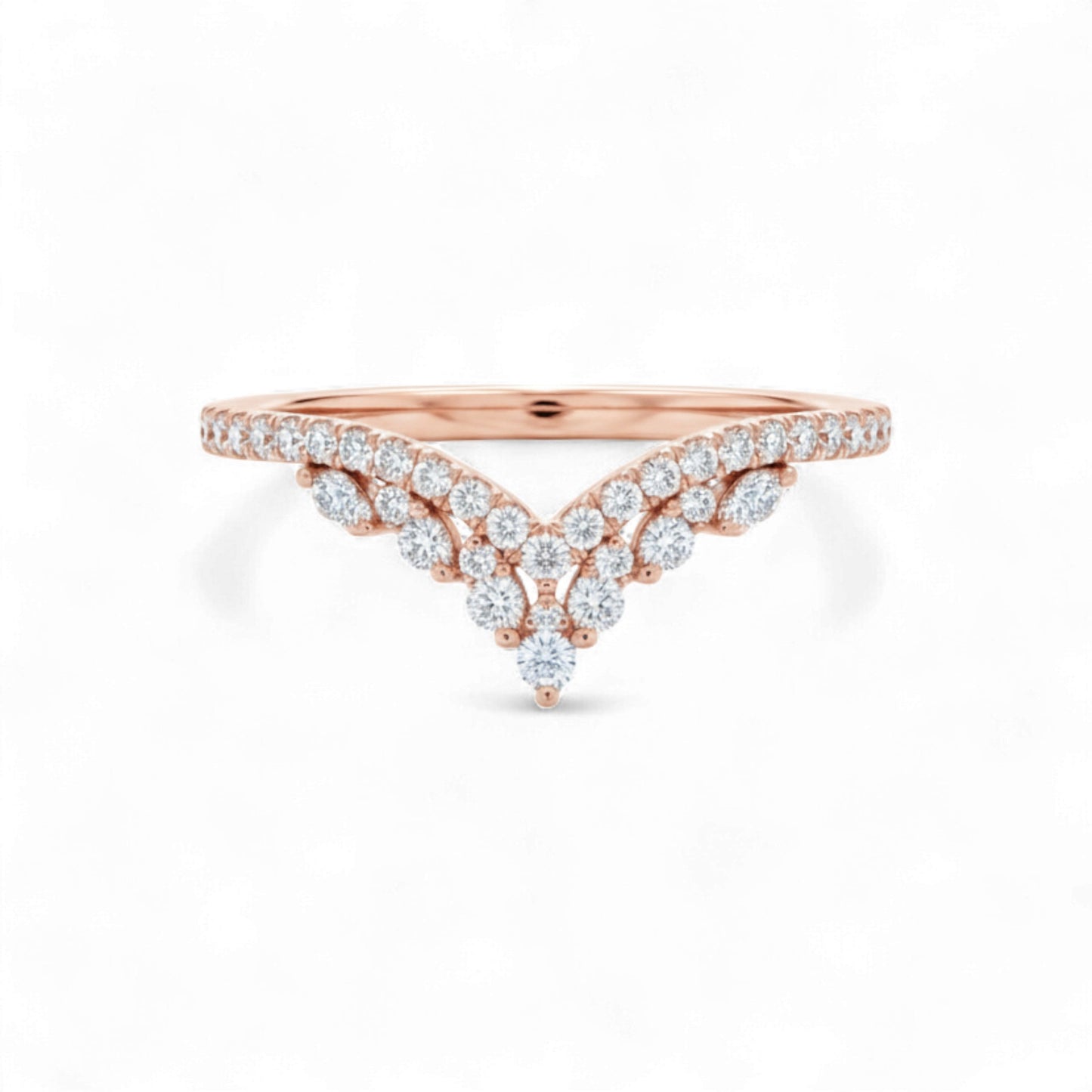 Rose gold ring with diamond accents on a white background
