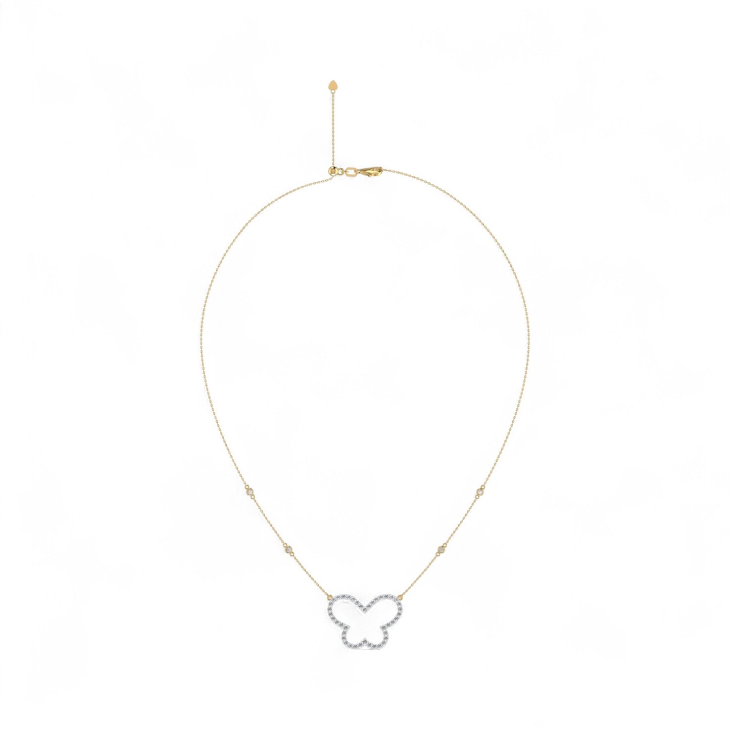 Butterfly-shaped pendant on a gold chain against a white background