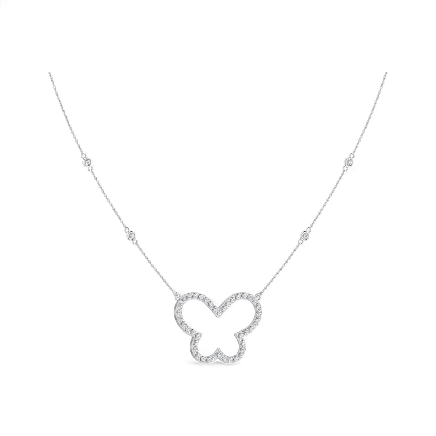 Butterfly-shaped necklace with small diamonds on a white background