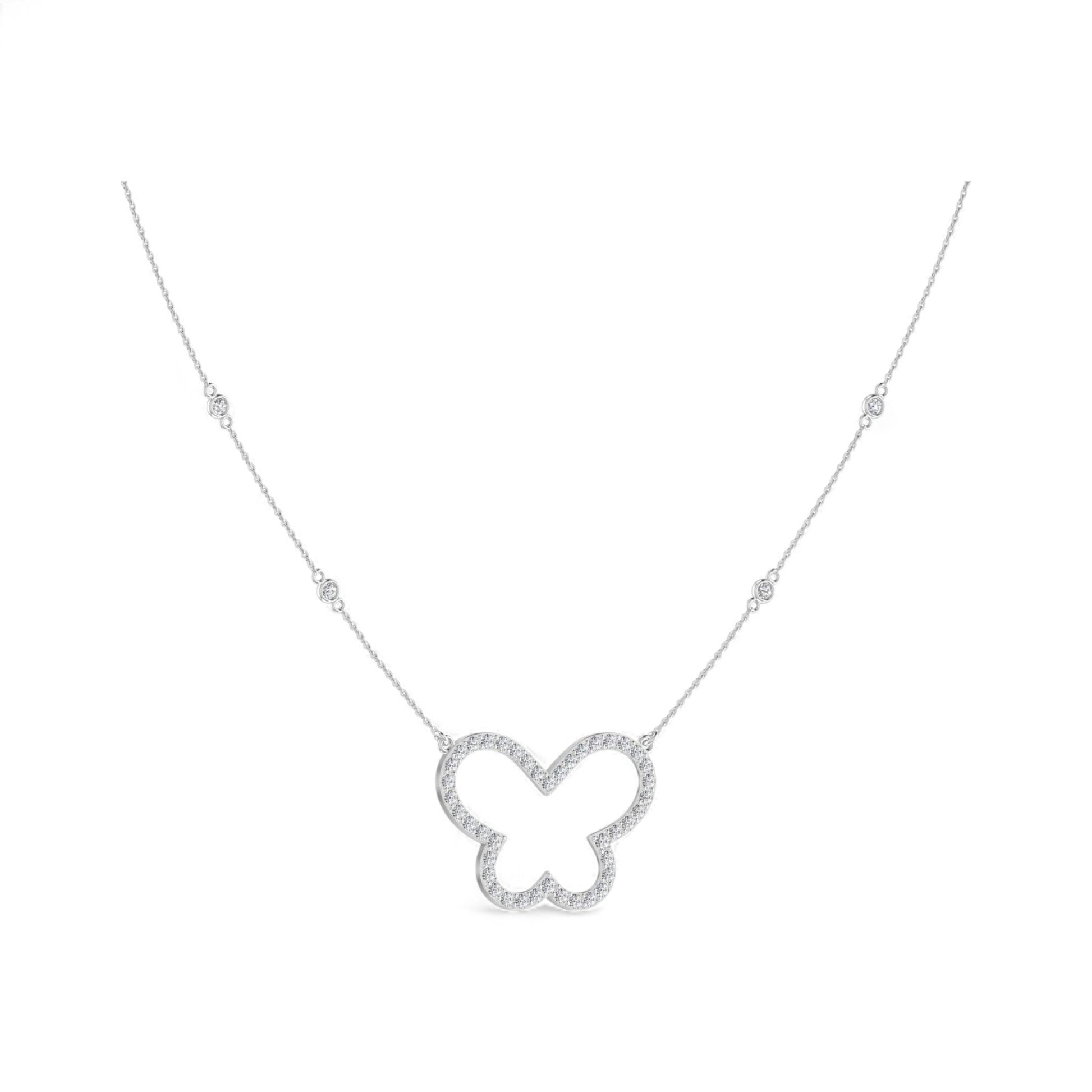 Butterfly-shaped necklace with small diamonds on a white background