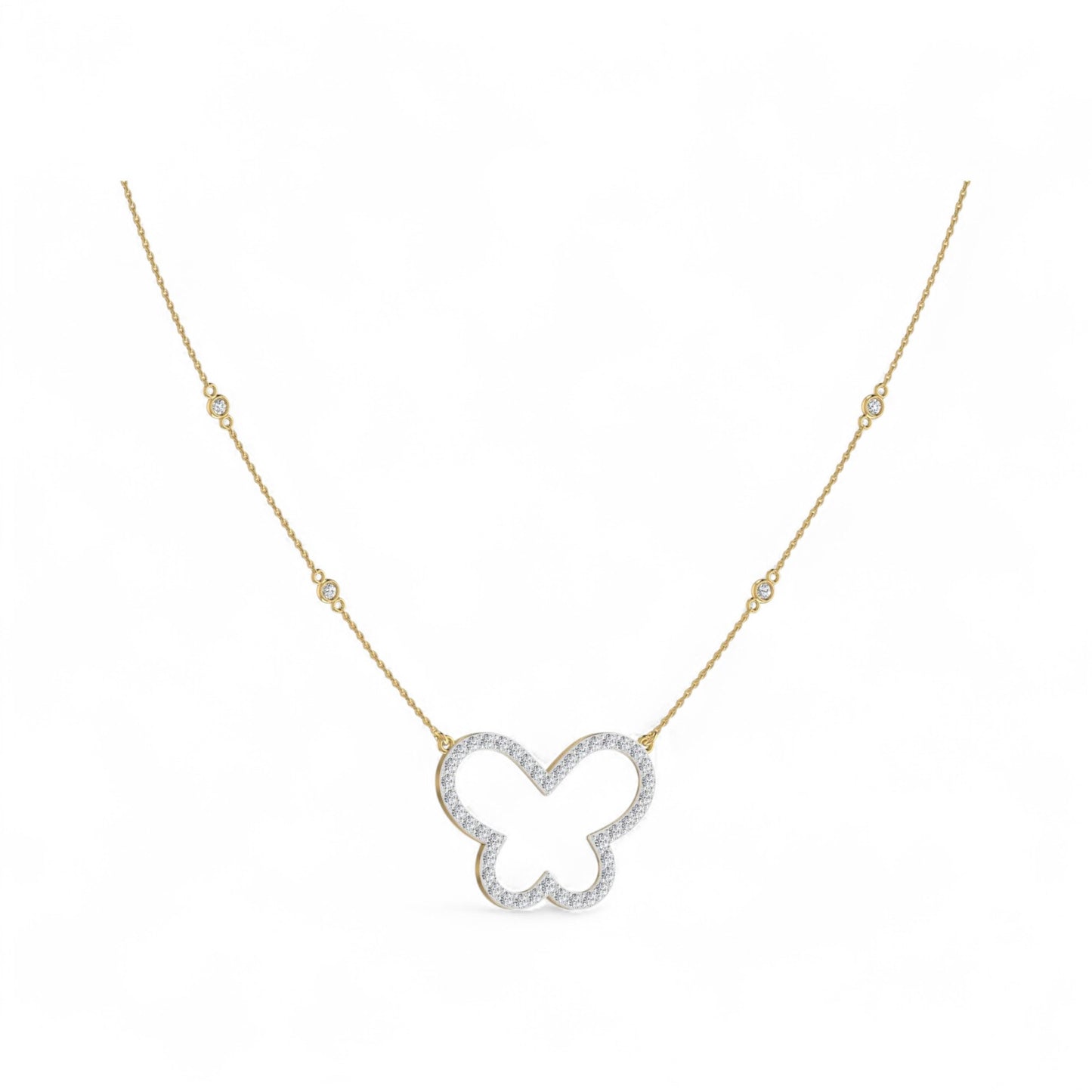 Butterfly-shaped diamond necklace on a gold chain against a white background