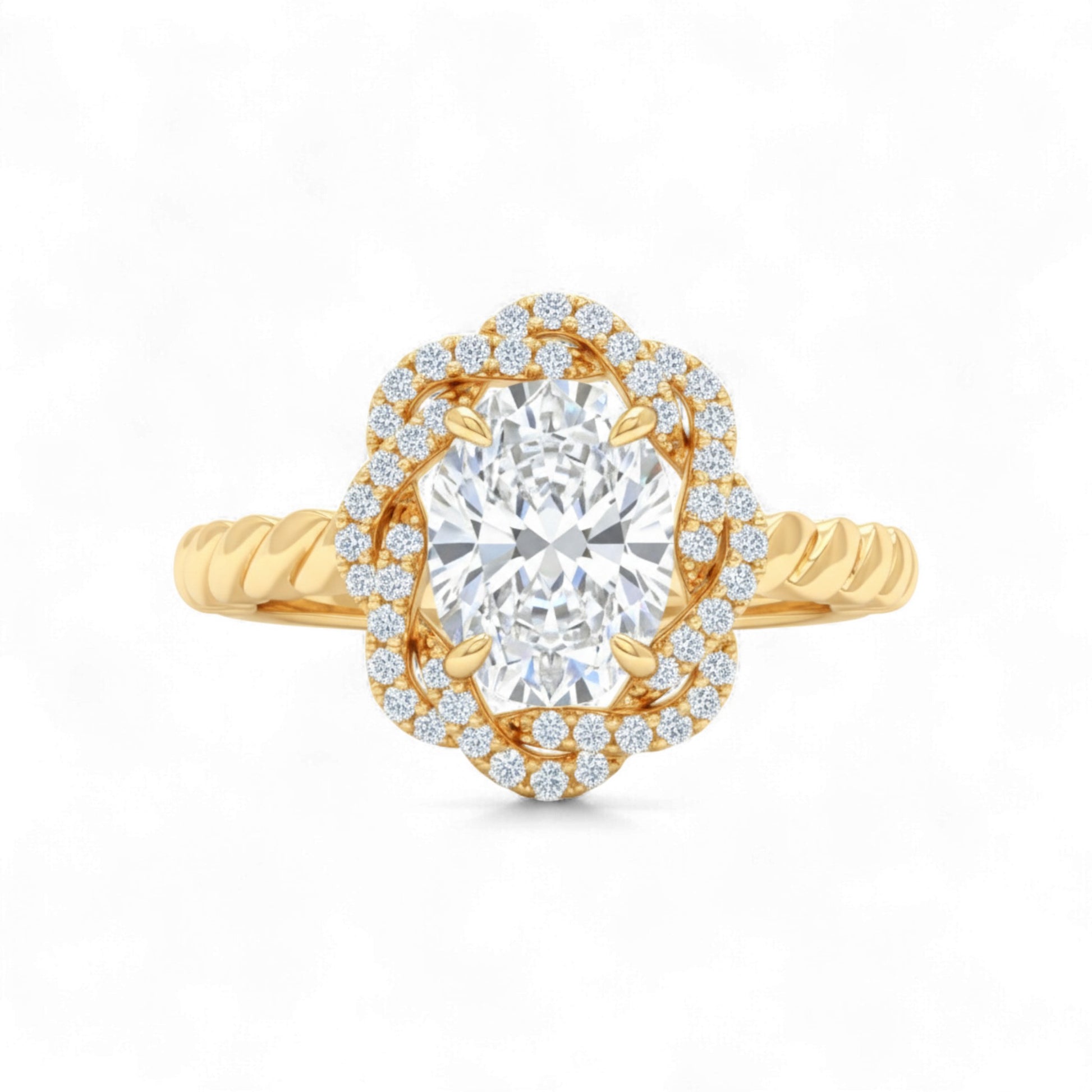 Gold ring with a large diamond and smaller diamonds around on a white background