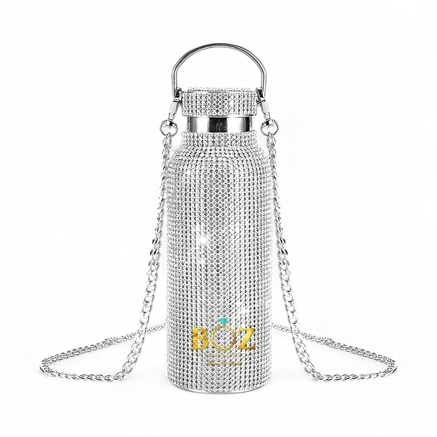 Silver rhinestone handbag with a chain strap on a white background