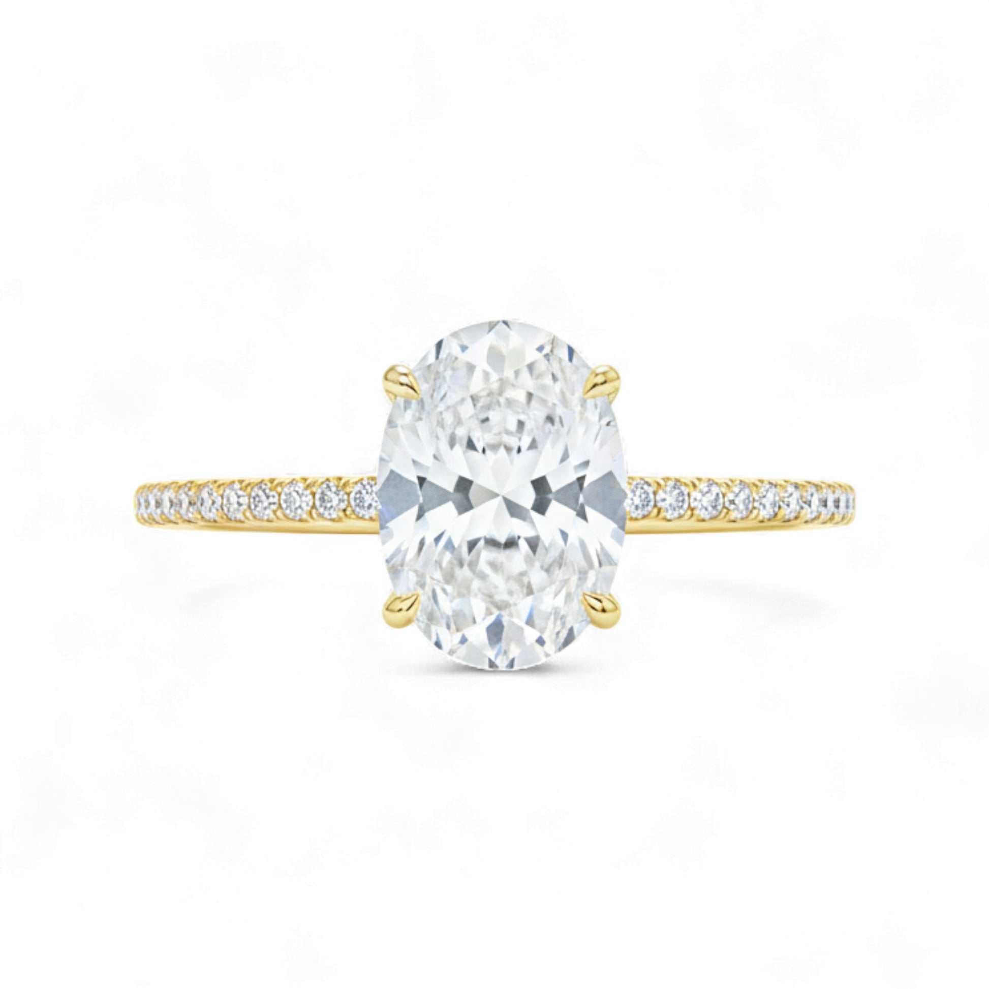 Gold ring with a large central diamond and smaller diamonds on the band against a white background
