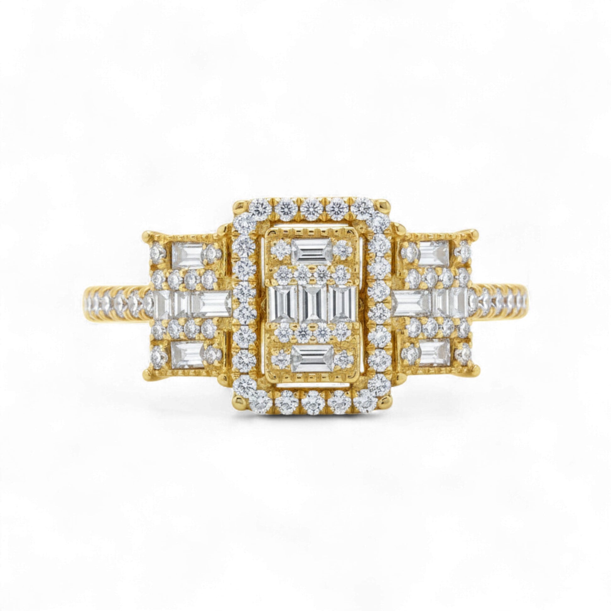 Gold ring with diamond accents on a white background