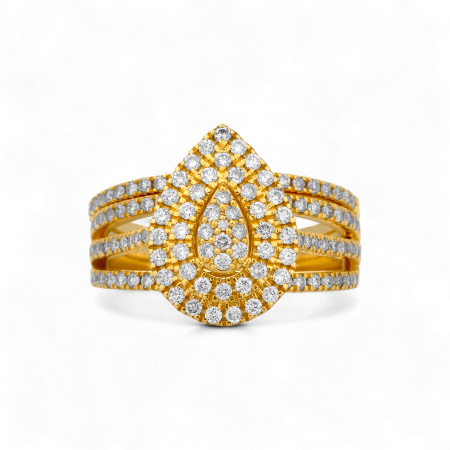 Gold ring with diamond accents on a white background