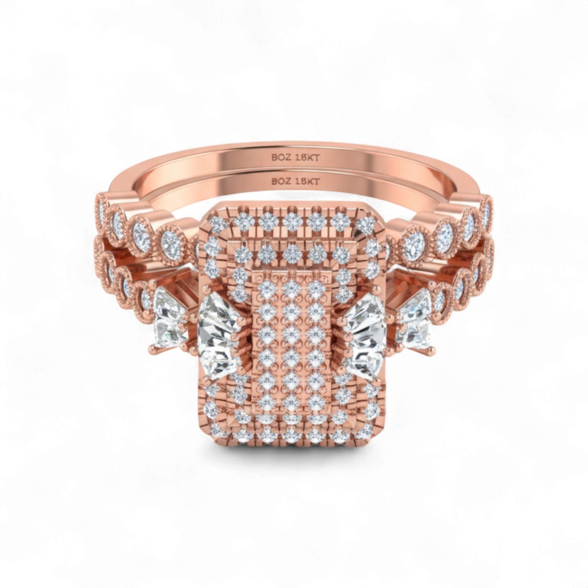 Rose gold ring with diamonds on a white background