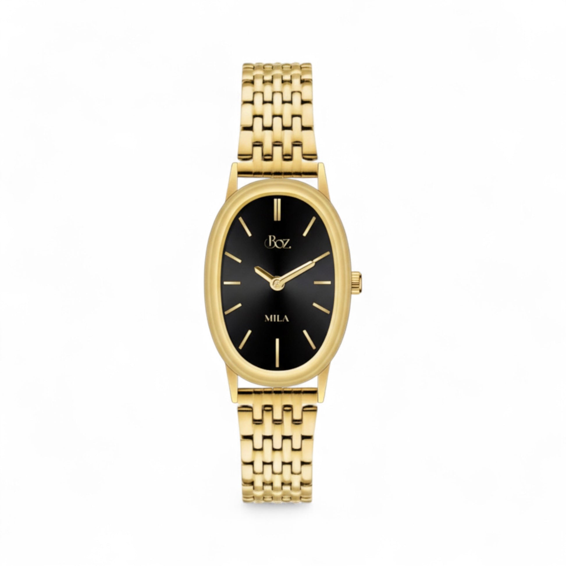 Gold watch with black face on a white background
