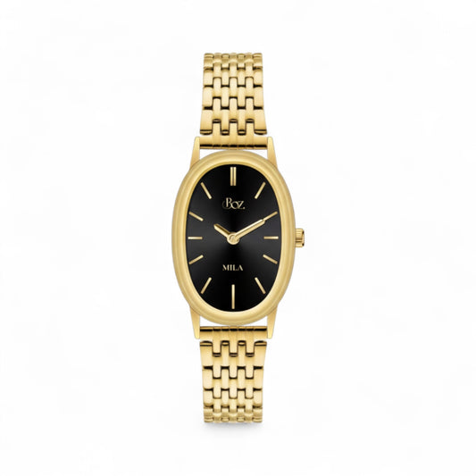 Gold watch with black face on a white background