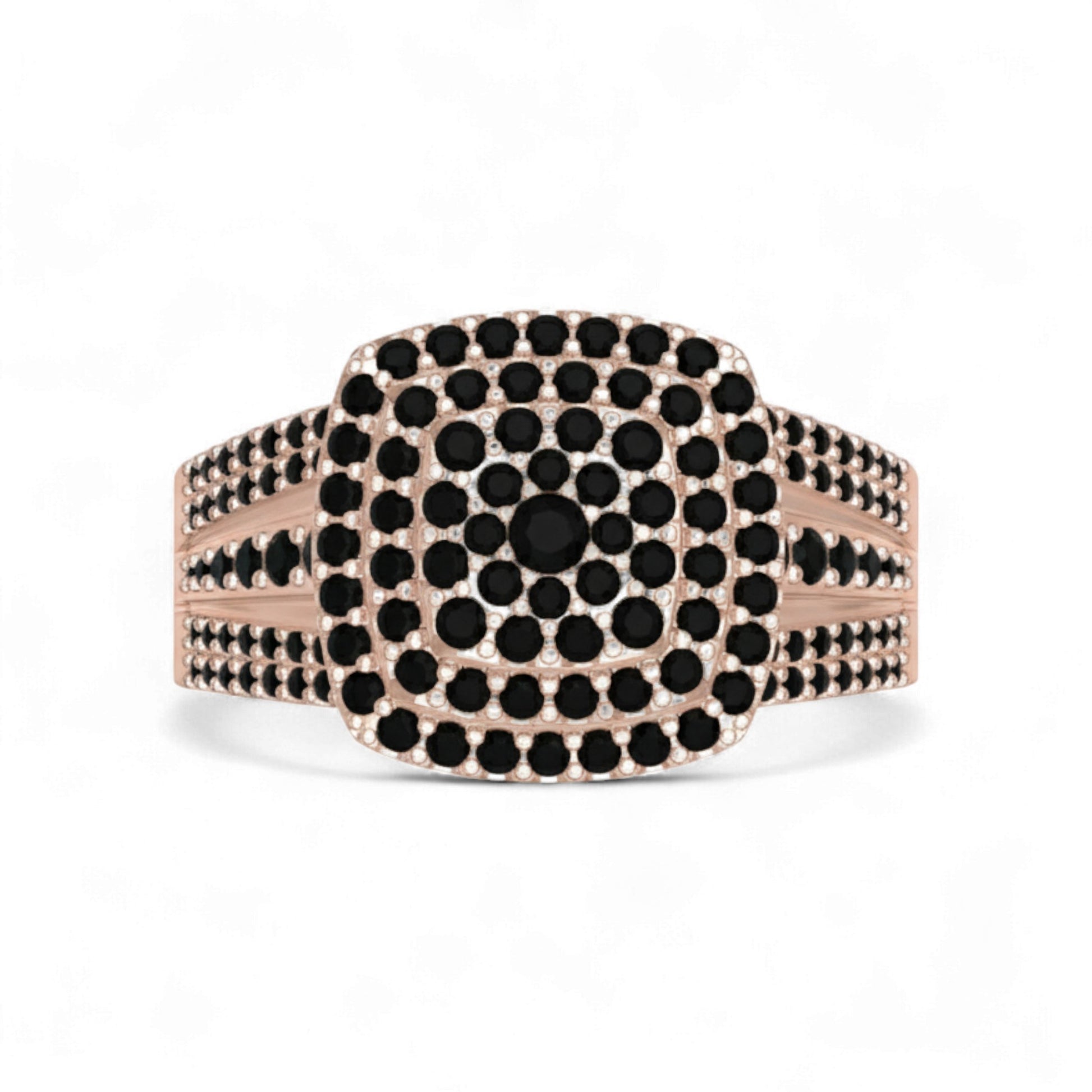 Rose gold bracelet with black gemstones on a white background