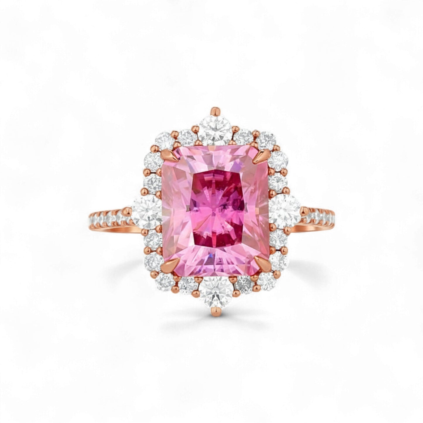 Ring with a pink gemstone and rose gold accents on a white background