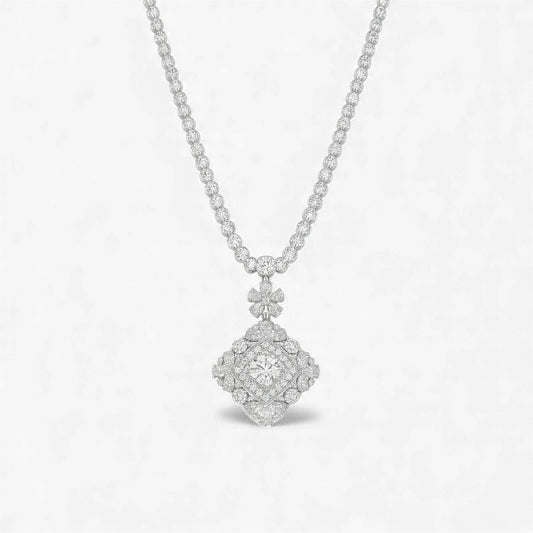 Diamond necklace with a geometric pendant on a light gray background