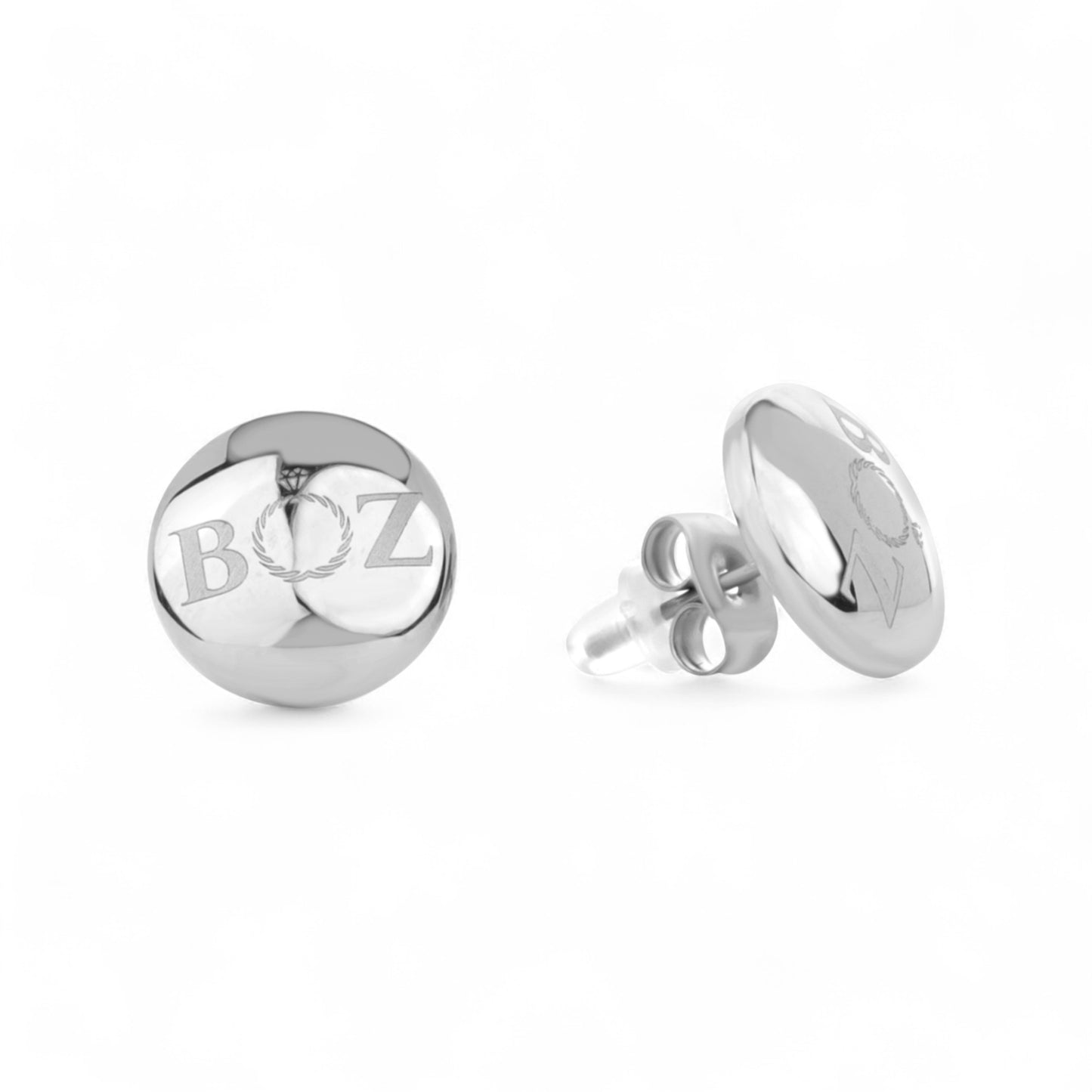 Silver round earring with 'BOZ' engraving on a white background