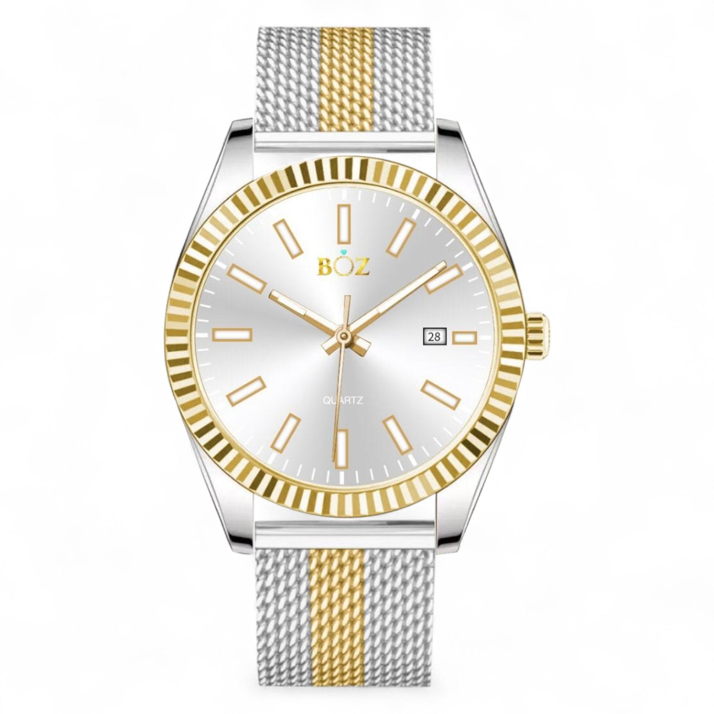 Watch with silver and gold mesh band on a white background