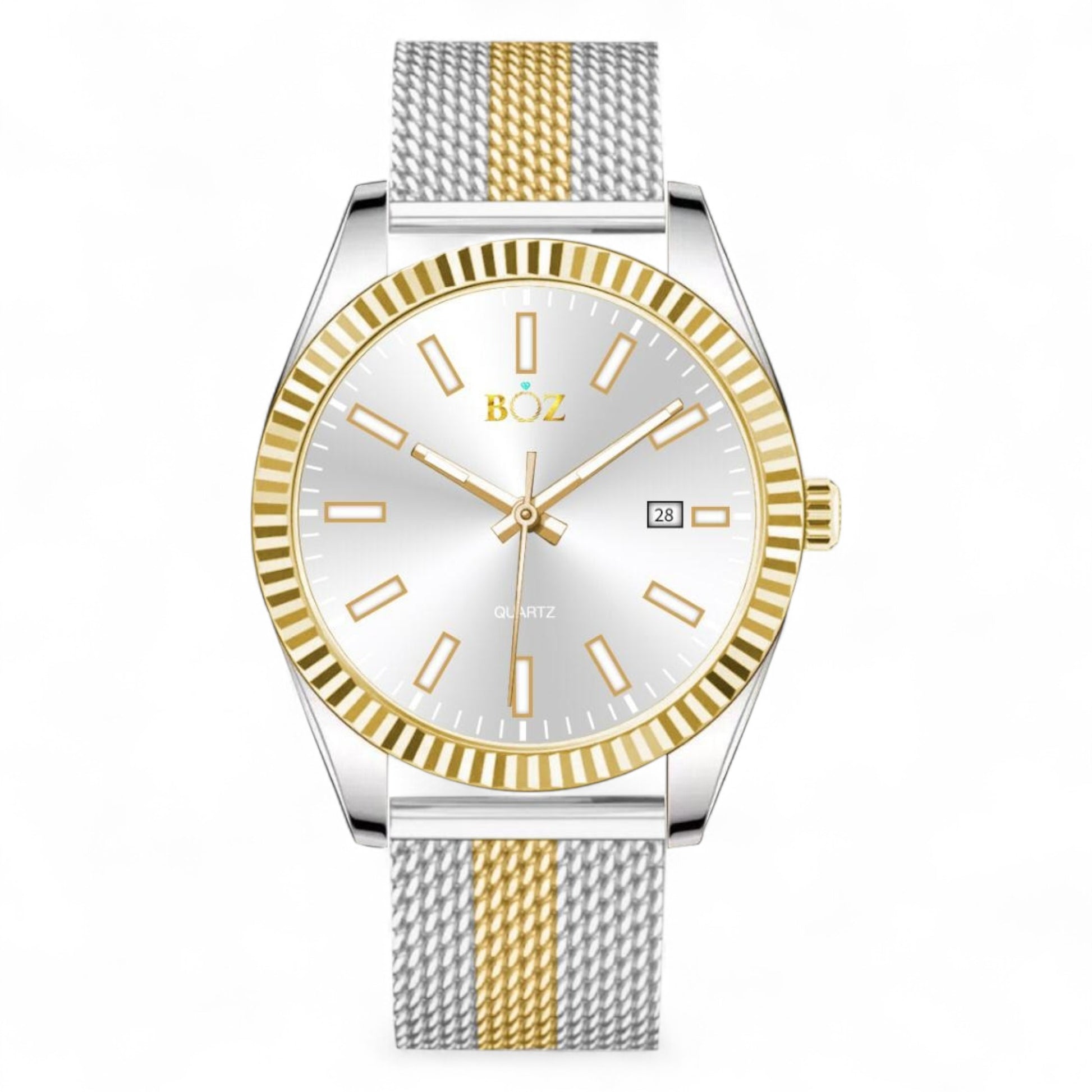 Watch with silver and gold mesh band on a white background