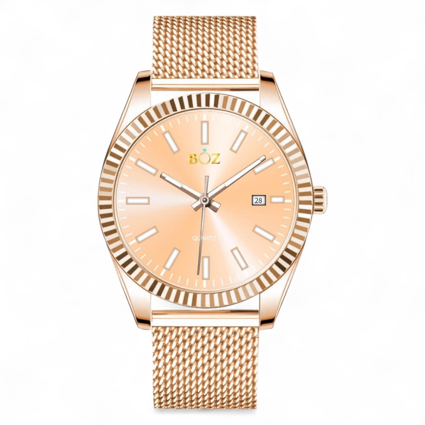Rose gold watch with mesh band on a white background