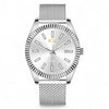 Silver watch with mesh band on a white background