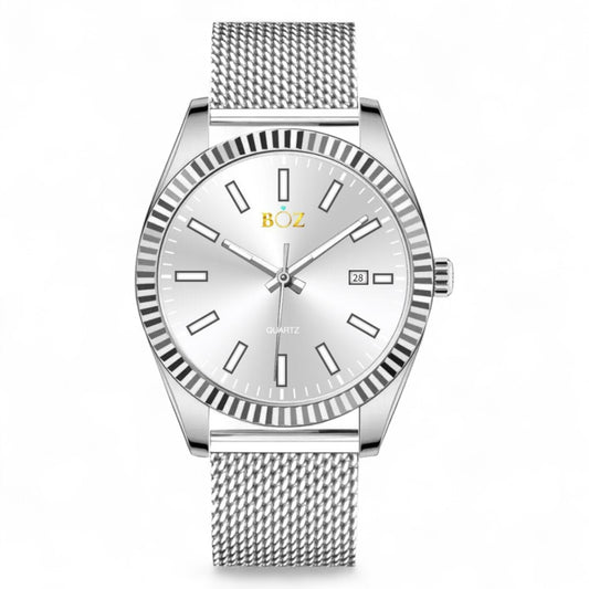 Silver watch with mesh band on a white background