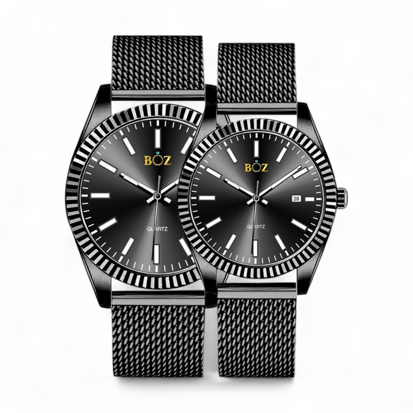 Two black watches with mesh bands on a white background, featuring the brand 'BOZ'.