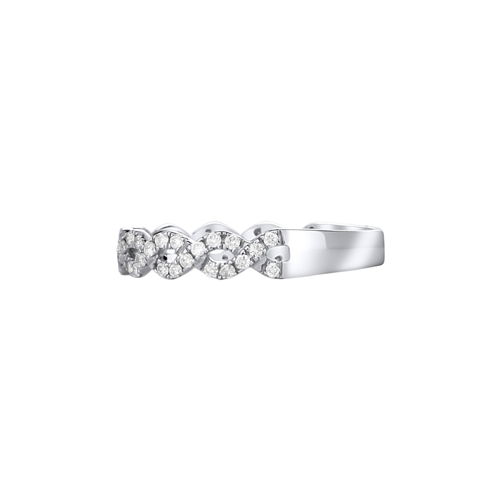 Silver ring with diamond accents on a white background