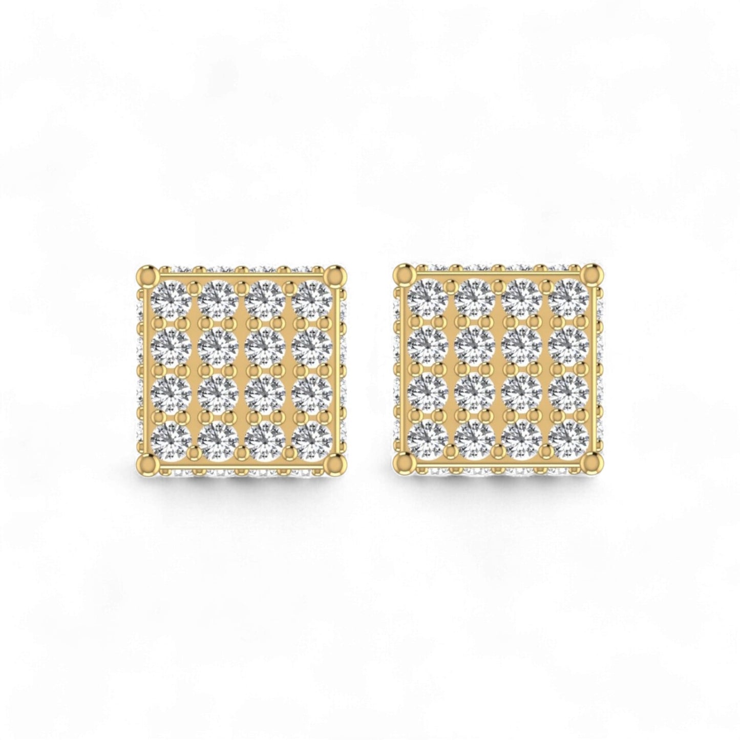 Gold square earrings with clear gemstones on a white background