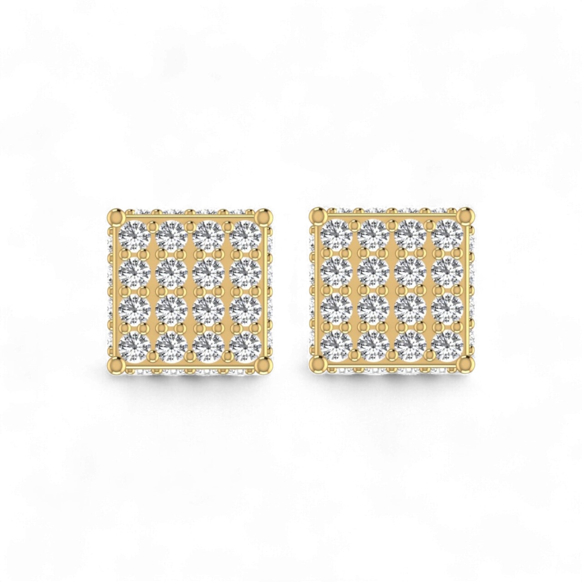 Gold square earrings with clear gemstones on a white background