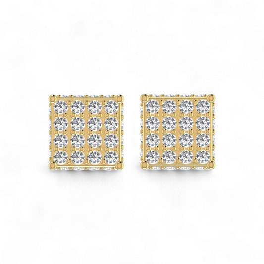 Gold square earrings with clear gemstones on a white background