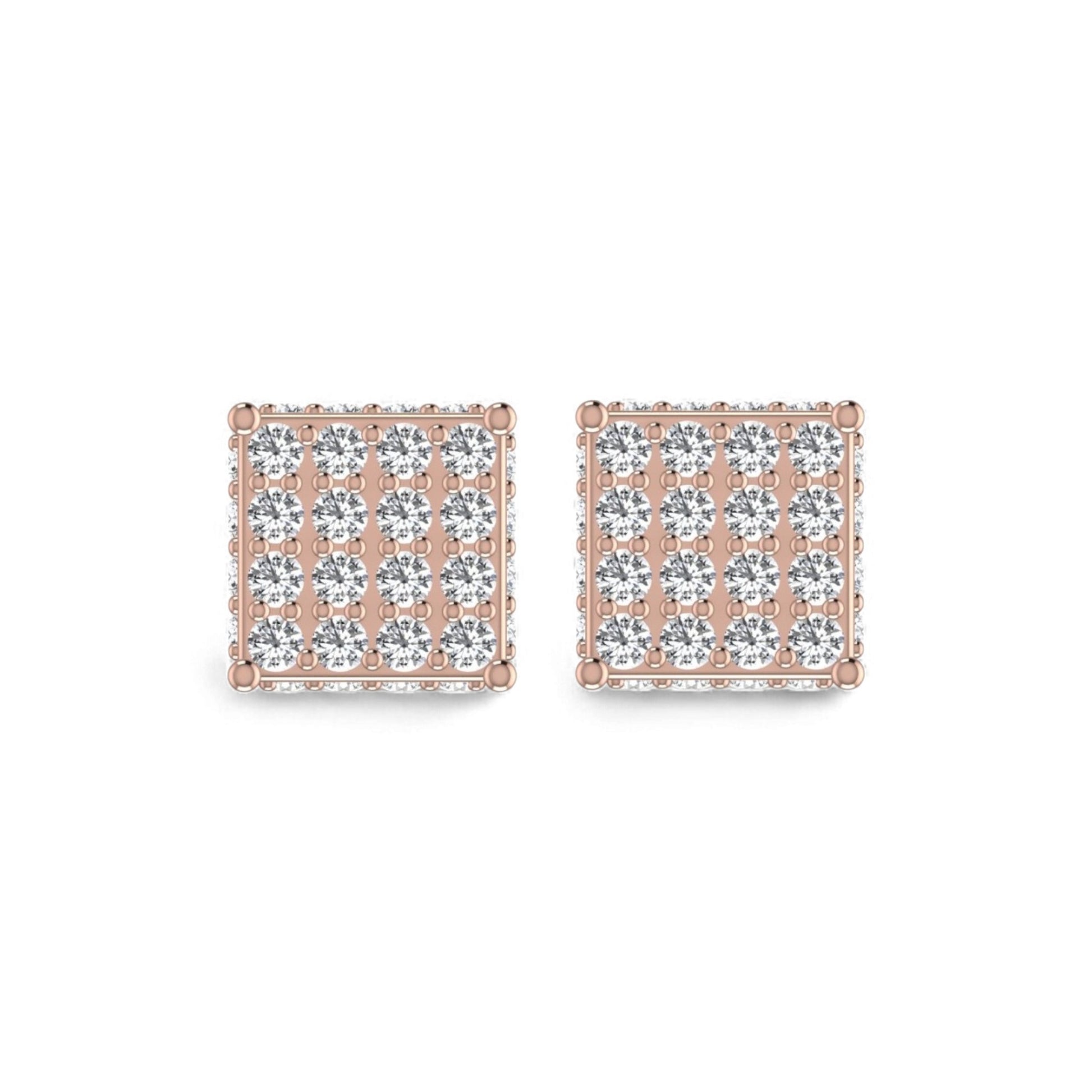 Square-shaped earrings with rose gold frame and clear gemstones on a white background