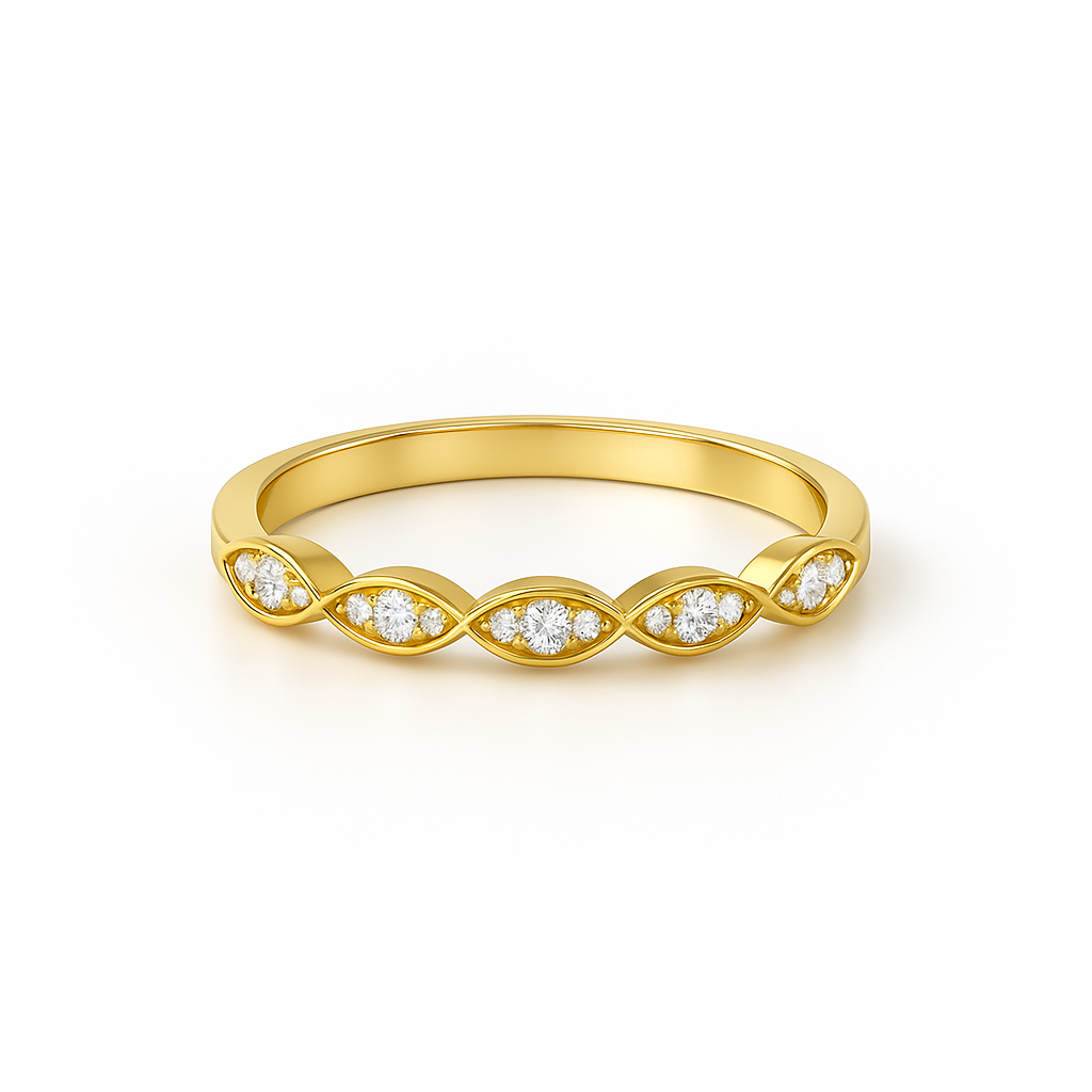 Gold ring with diamond accents on a white background
