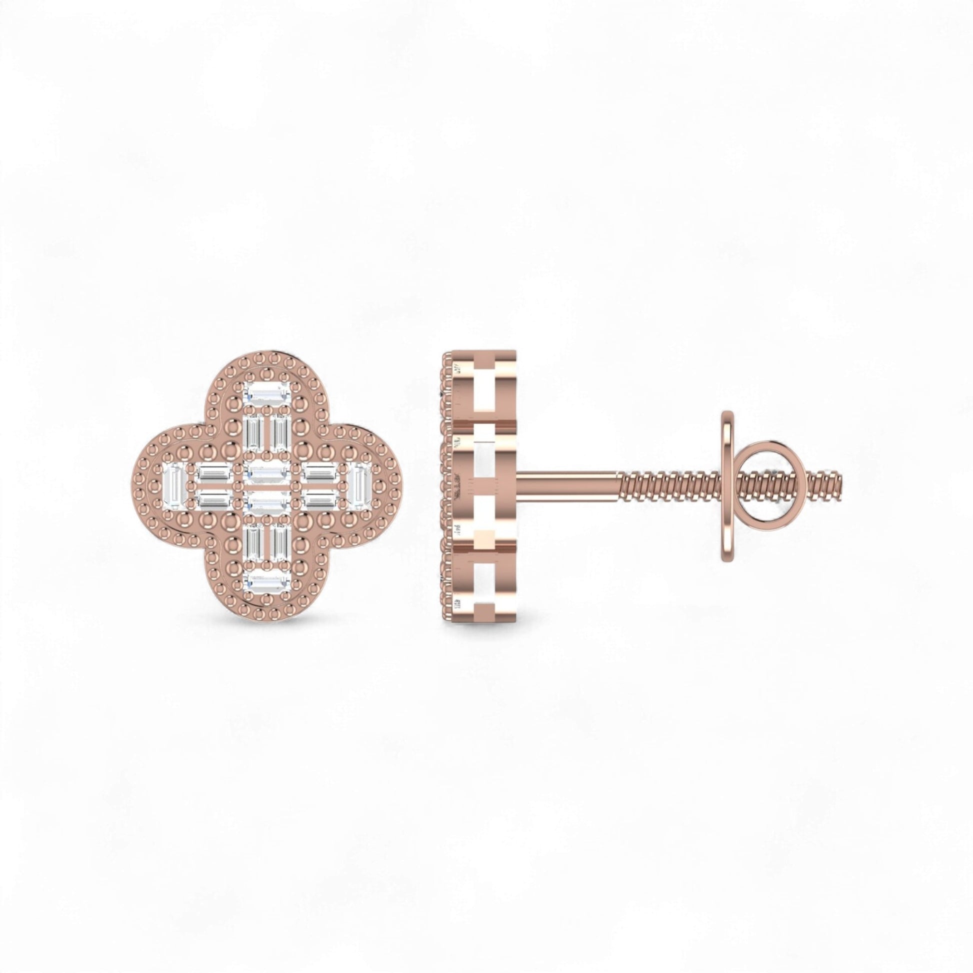 Rose gold earrings with diamond accents on a white background