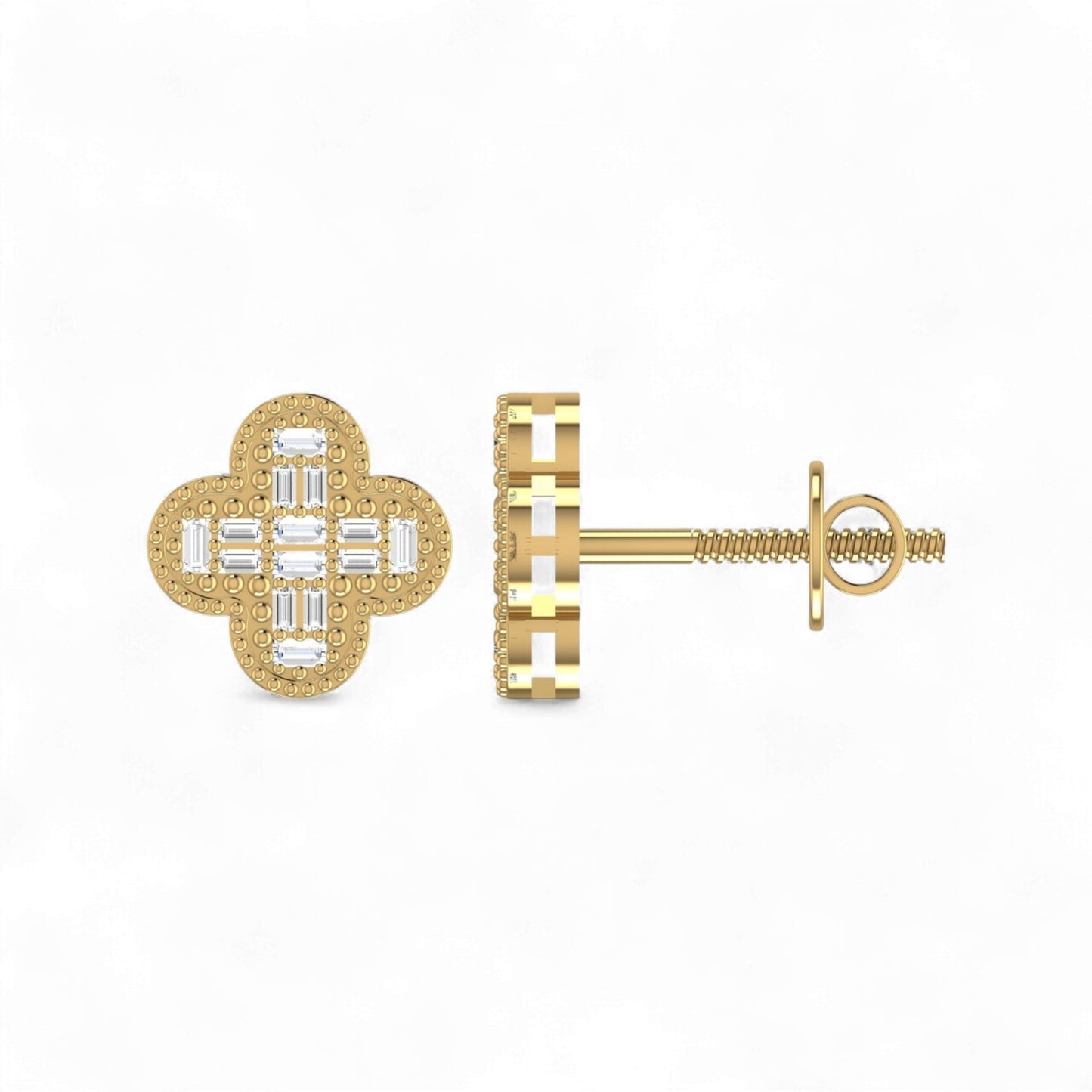 Gold earrings with diamond accents on a white background