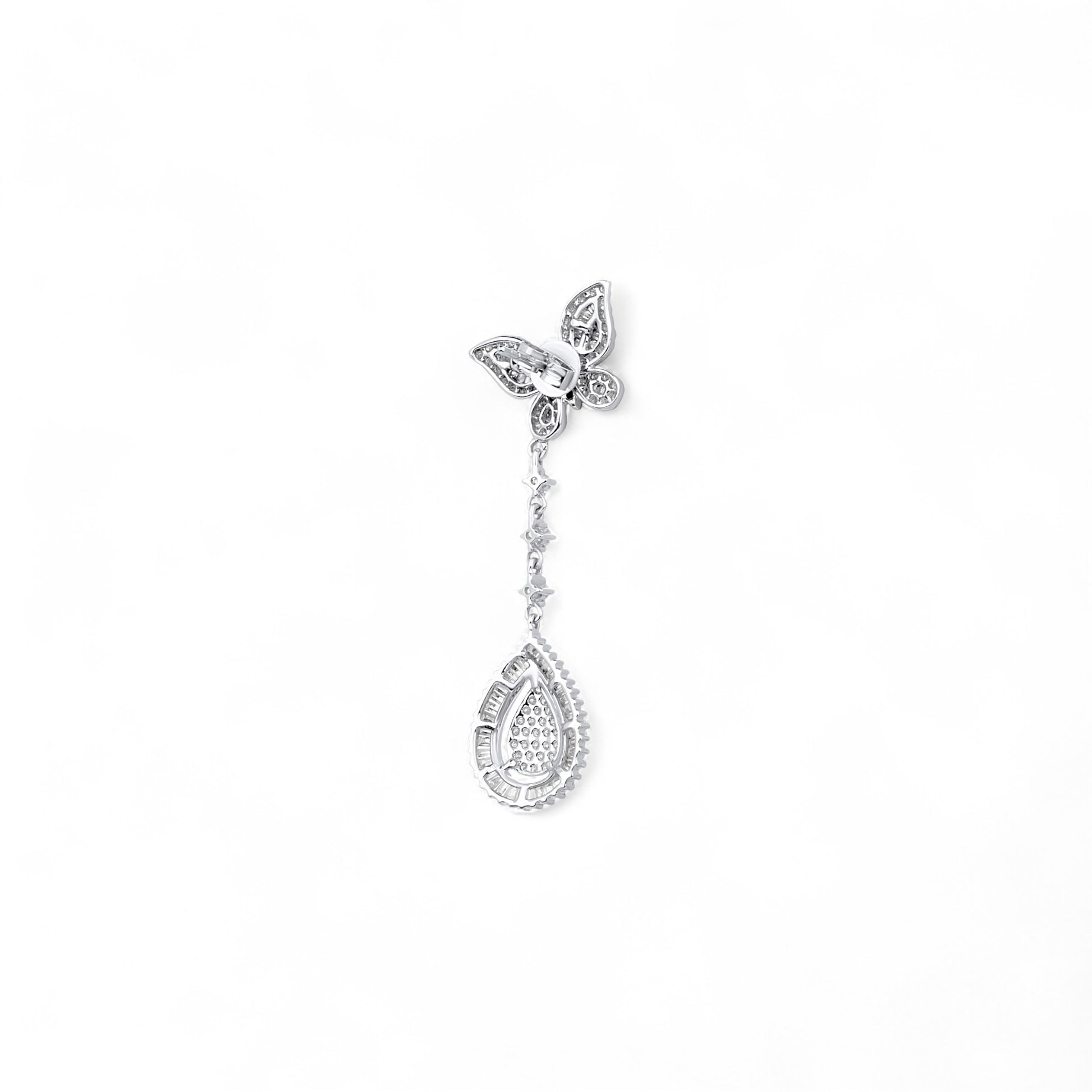 Silver teardrop earring on a white background