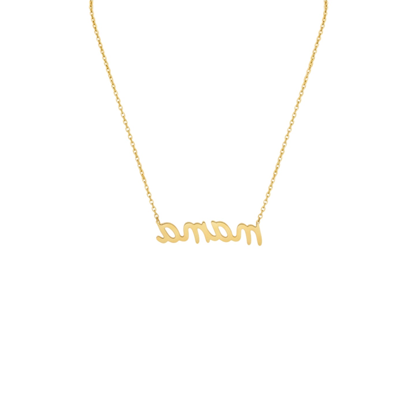 Gold necklace with 'mom' pendant on a white background