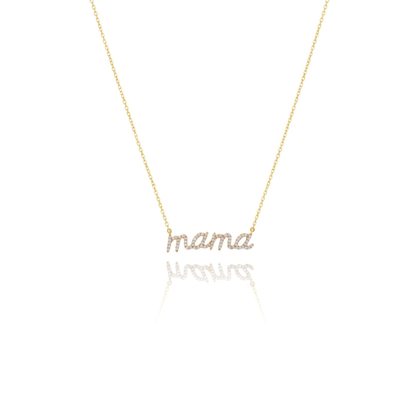 Gold 'mama' necklace on a white background