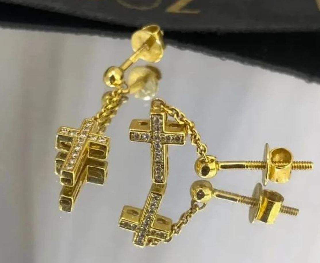 Drop Cross Diamond Earrings in 18K Gold