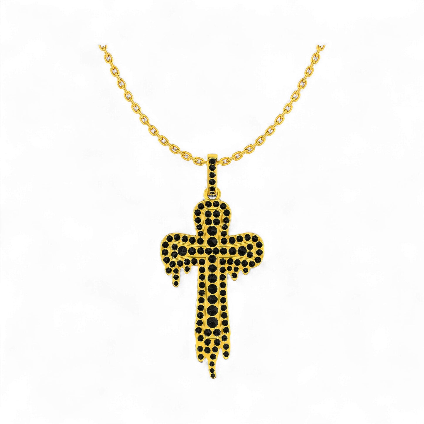 Drip Cross Black Diamond Pendant Necklace in 18K Gold