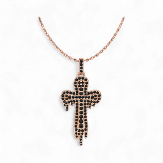 Drip Cross Black Diamond Pendant Necklace in 18K Gold