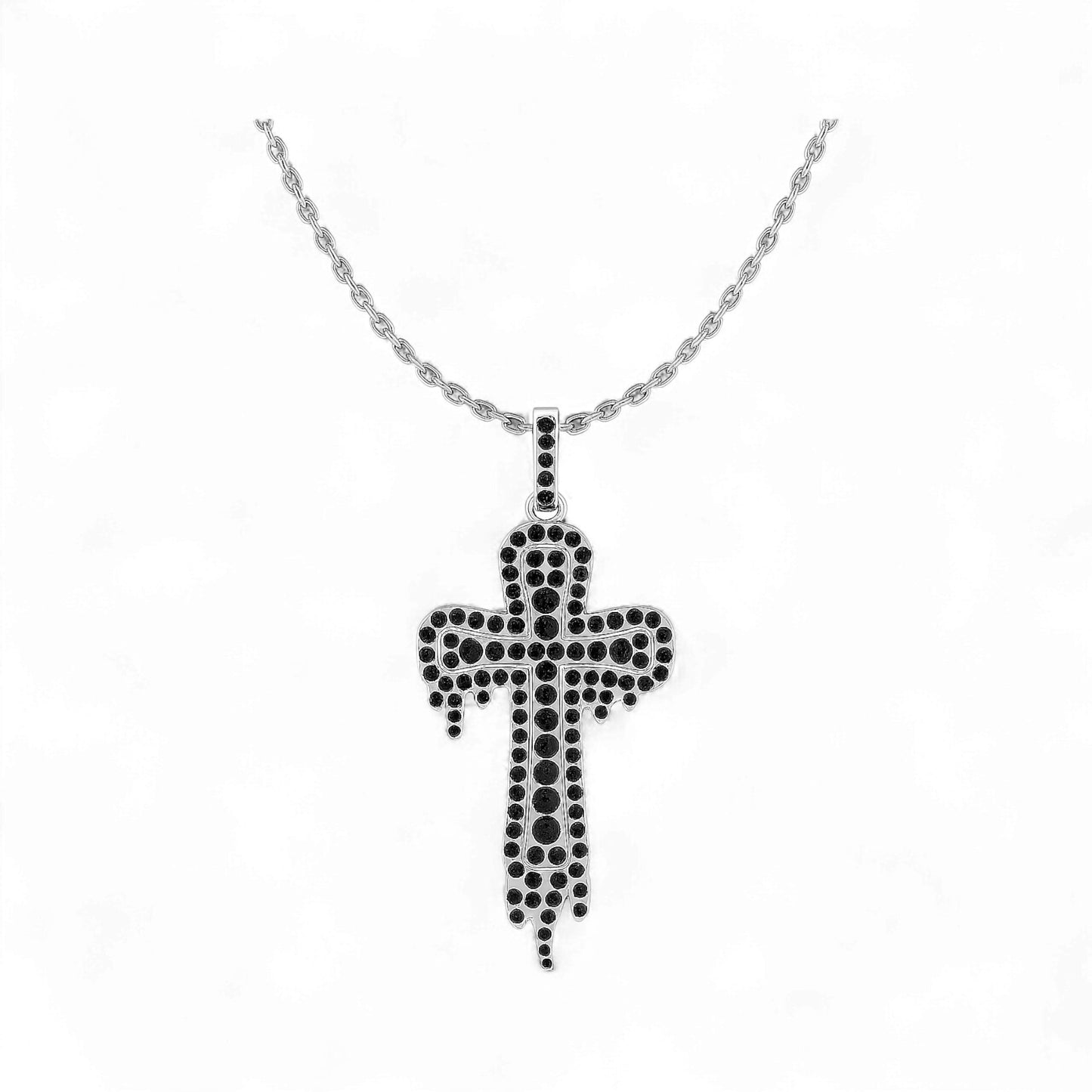 Drip Cross Black Diamond Pendant Necklace in 18K Gold